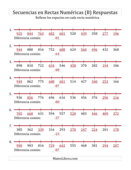 La hoja de ejercicios de Completar Espacios en Rectas Numéricas Decrecientes Hasta 1000 (B) Página 2