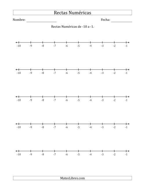 La hoja de ejercicios de Rectas Numéricas de -10 a -1 con Intervalos de a 1
