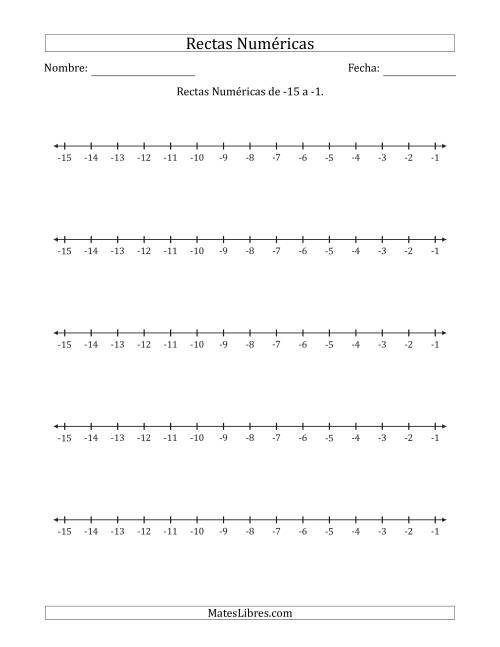 La hoja de ejercicios de Rectas Numéricas de -15 a -1 con Intervalos de a 1