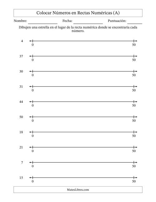 La hoja de ejercicios de Colocar Números en Rectas Numéricas desde Cero hasta Cincuenta (A)