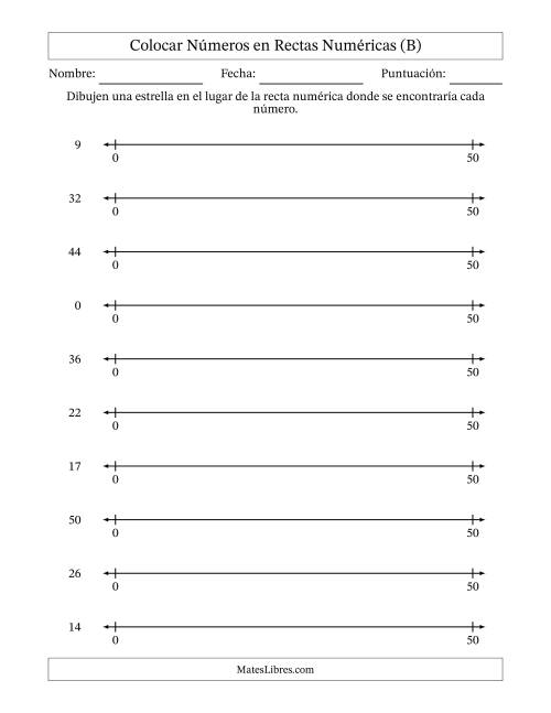 La hoja de ejercicios de Colocar Números en Rectas Numéricas desde Cero hasta Cincuenta (B)