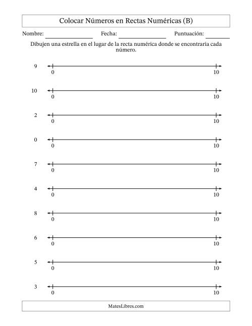 La hoja de ejercicios de Colocar Números en Rectas Numéricas desde Cero hasta Diez (B)