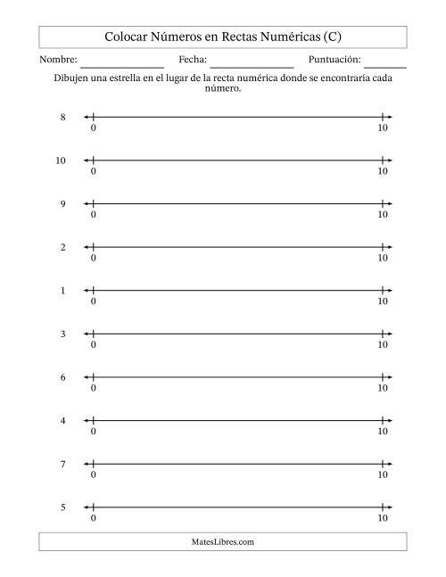 La hoja de ejercicios de Colocar Números en Rectas Numéricas desde Cero hasta Diez (C)