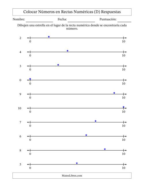 La hoja de ejercicios de Colocar Números en Rectas Numéricas desde Cero hasta Diez (D) Página 2