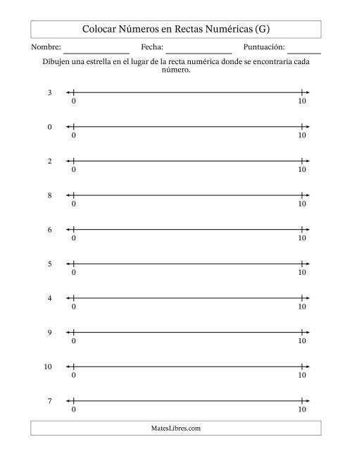 La hoja de ejercicios de Colocar Números en Rectas Numéricas desde Cero hasta Diez (G)