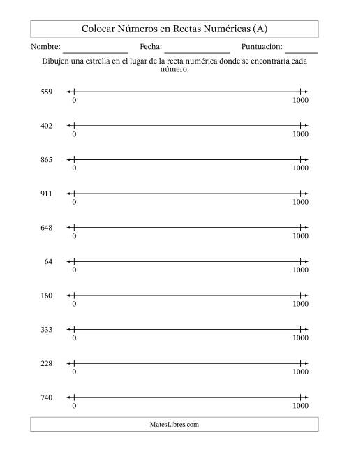 La hoja de ejercicios de Colocar Números en Rectas Numéricas desde Cero hasta Mil (A)
