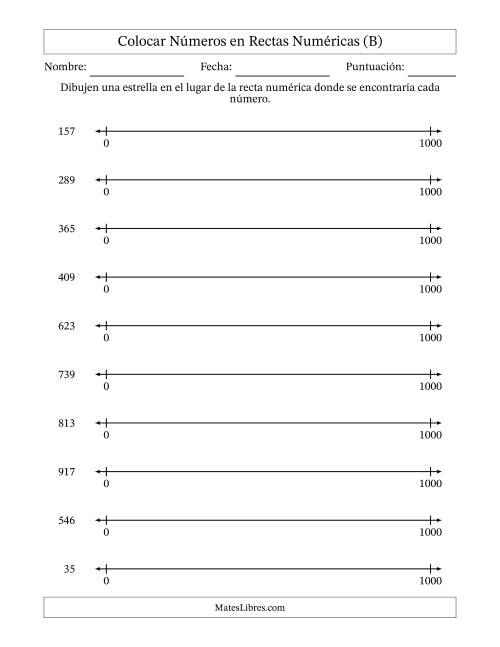 La hoja de ejercicios de Colocar Números en Rectas Numéricas desde Cero hasta Mil (B)