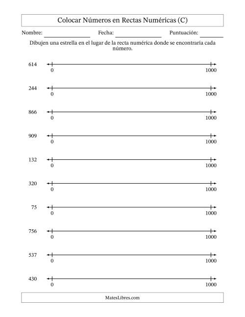 La hoja de ejercicios de Colocar Números en Rectas Numéricas desde Cero hasta Mil (C)