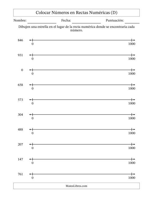 La hoja de ejercicios de Colocar Números en Rectas Numéricas desde Cero hasta Mil (D)
