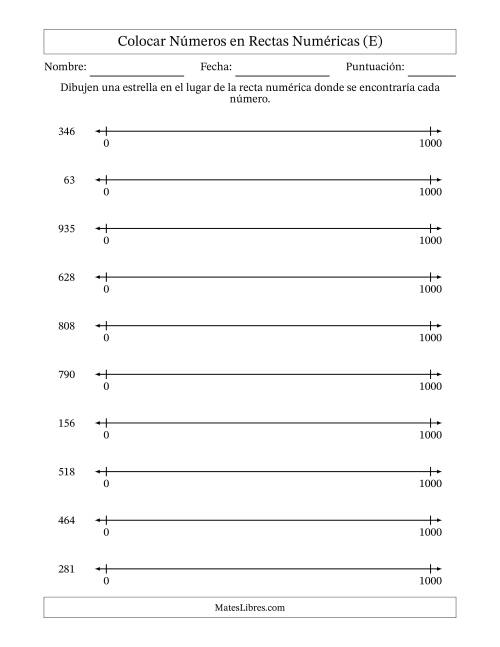 La hoja de ejercicios de Colocar Números en Rectas Numéricas desde Cero hasta Mil (E)