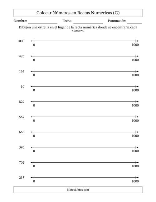 La hoja de ejercicios de Colocar Números en Rectas Numéricas desde Cero hasta Mil (G)