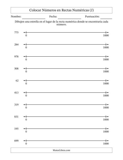 La hoja de ejercicios de Colocar Números en Rectas Numéricas desde Cero hasta Mil (J)