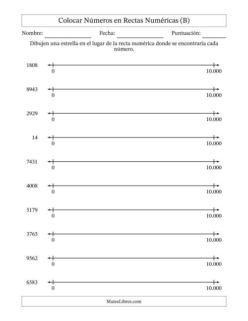 La hoja de ejercicios de Colocar Números en Rectas Numéricas desde Cero hasta Diez Mil (Versión Europea) (B)