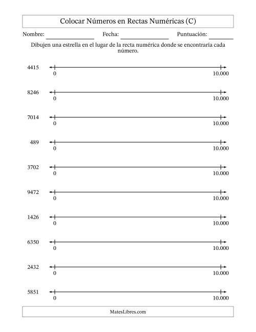 La hoja de ejercicios de Colocar Números en Rectas Numéricas desde Cero hasta Diez Mil (Versión Europea) (C)