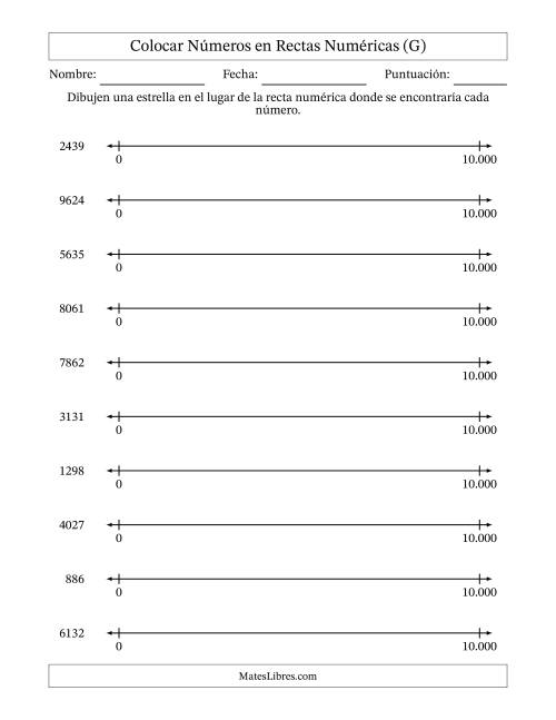 La hoja de ejercicios de Colocar Números en Rectas Numéricas desde Cero hasta Diez Mil (Versión Europea) (G)