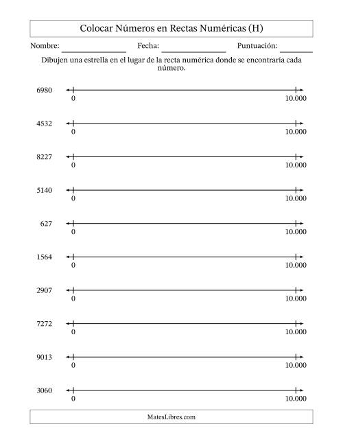 La hoja de ejercicios de Colocar Números en Rectas Numéricas desde Cero hasta Diez Mil (Versión Europea) (H)