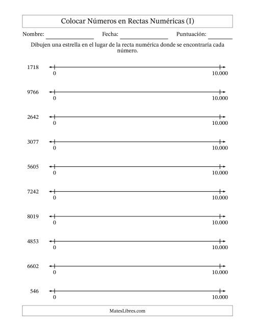 La hoja de ejercicios de Colocar Números en Rectas Numéricas desde Cero hasta Diez Mil (Versión Europea) (I)