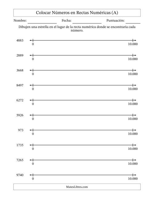 La hoja de ejercicios de Colocar Números en Rectas Numéricas desde Cero hasta Diez Mil (Versión Europea) (Todas)