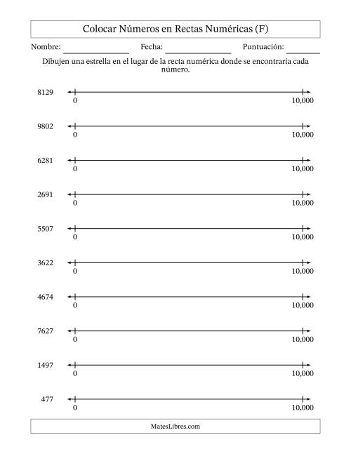 La hoja de ejercicios de Colocar Números en Rectas Numéricas desde Cero hasta Diez Mil (F)