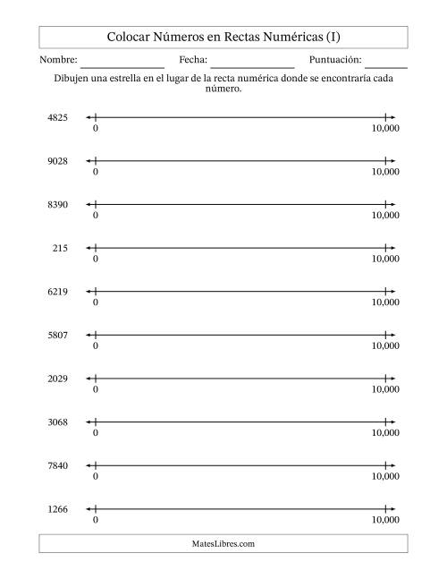 La hoja de ejercicios de Colocar Números en Rectas Numéricas desde Cero hasta Diez Mil (I)