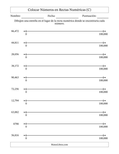 La hoja de ejercicios de Colocar Números en Rectas Numéricas desde Cero hasta Cien Mil (C)
