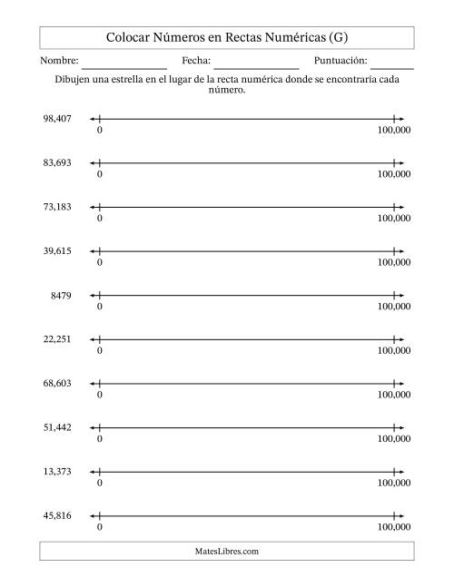 La hoja de ejercicios de Colocar Números en Rectas Numéricas desde Cero hasta Cien Mil (G)