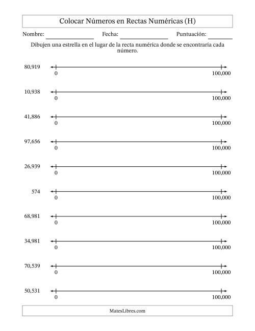 La hoja de ejercicios de Colocar Números en Rectas Numéricas desde Cero hasta Cien Mil (H)