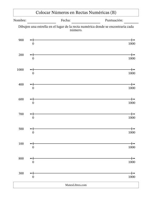 La hoja de ejercicios de Colocar Números Redondeados en Rectas Numéricas desde Cero hasta Mil (B)