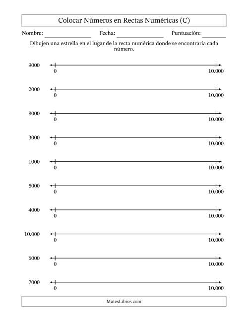 La hoja de ejercicios de Colocar Números Redondeados en Rectas Numéricas desde Cero hasta Diez Mil (Versión Europea) (C)