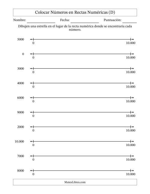 La hoja de ejercicios de Colocar Números Redondeados en Rectas Numéricas desde Cero hasta Diez Mil (Versión Europea) (D)