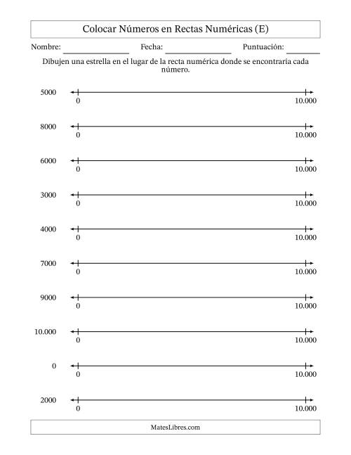 La hoja de ejercicios de Colocar Números Redondeados en Rectas Numéricas desde Cero hasta Diez Mil (Versión Europea) (E)