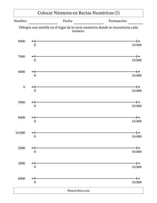 La hoja de ejercicios de Colocar Números Redondeados en Rectas Numéricas desde Cero hasta Diez Mil (Versión Europea) (I)