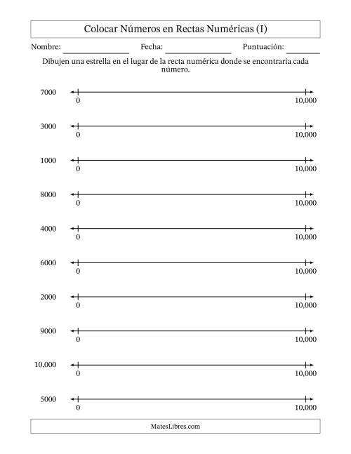 La hoja de ejercicios de Colocar Números Redondeados en Rectas Numéricas desde Cero hasta Diez Mil (I)
