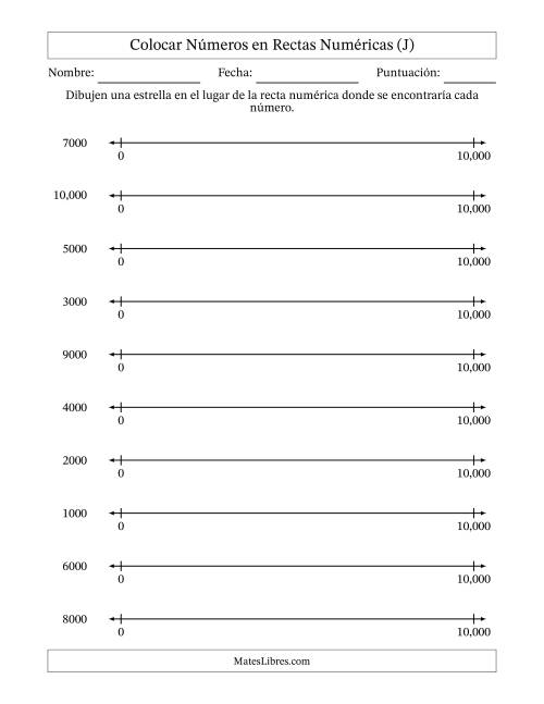 La hoja de ejercicios de Colocar Números Redondeados en Rectas Numéricas desde Cero hasta Diez Mil (J)
