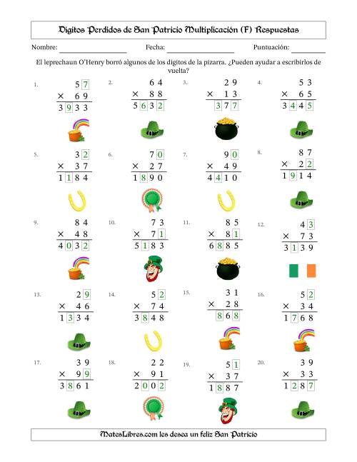 La hoja de ejercicios de Dígitos perdidos de San Patricio Multiplicación (Versión Difícil) (F) Página 2
