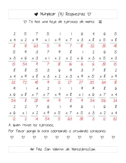 La hoja de ejercicios de Multiplicación de San Valentín (Rango de 1 a 9) (A) Página 2