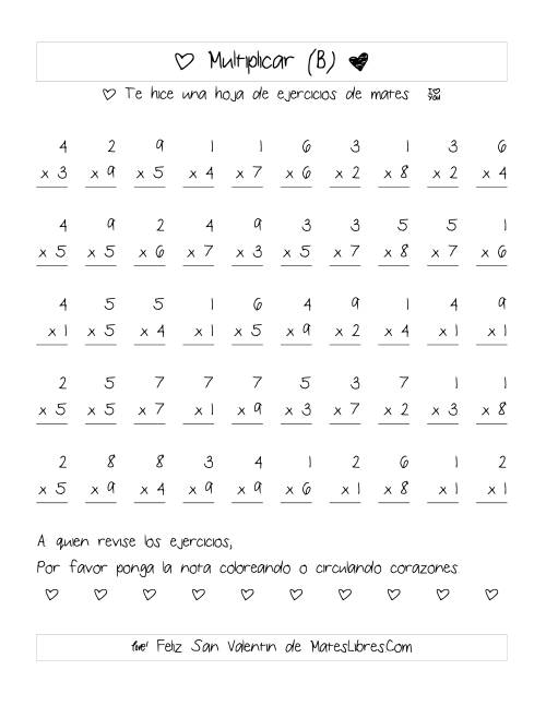 La hoja de ejercicios de Multiplicación de San Valentín (Rango de 1 a 9) (B)