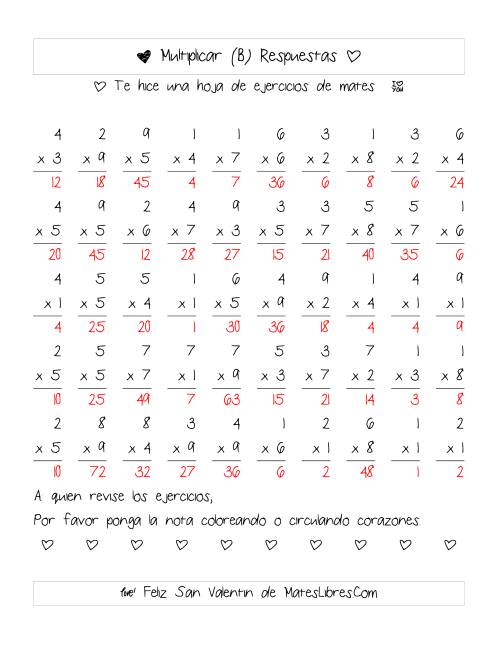 La hoja de ejercicios de Multiplicación de San Valentín (Rango de 1 a 9) (B) Página 2