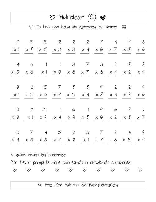 La hoja de ejercicios de Multiplicación de San Valentín (Rango de 1 a 9) (C)