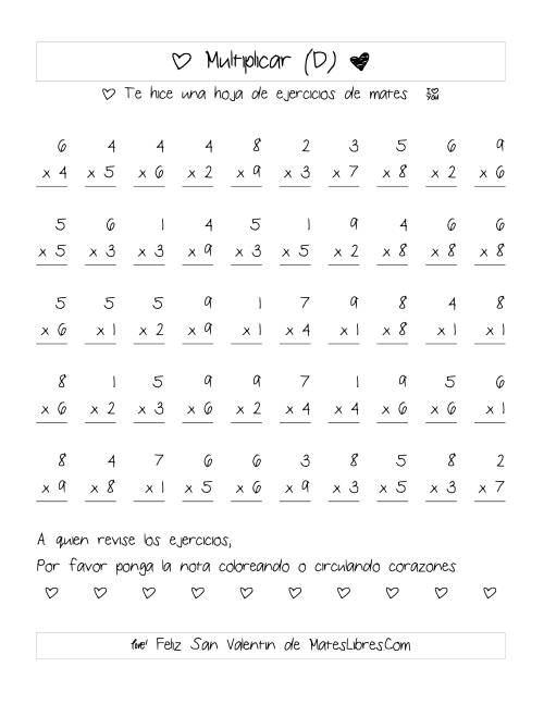 La hoja de ejercicios de Multiplicación de San Valentín (Rango de 1 a 9) (D)