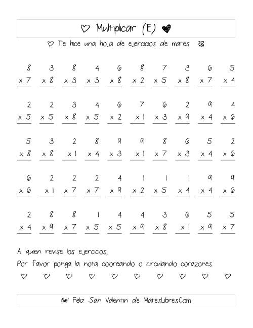 La hoja de ejercicios de Multiplicación de San Valentín (Rango de 1 a 9) (E)