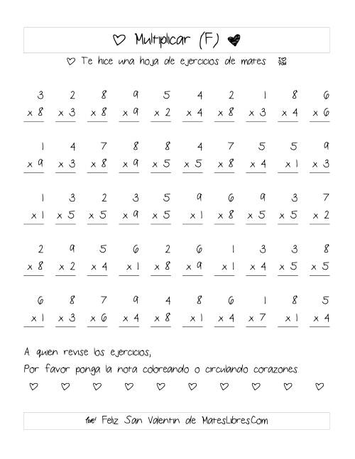 La hoja de ejercicios de Multiplicación de San Valentín (Rango de 1 a 9) (F)