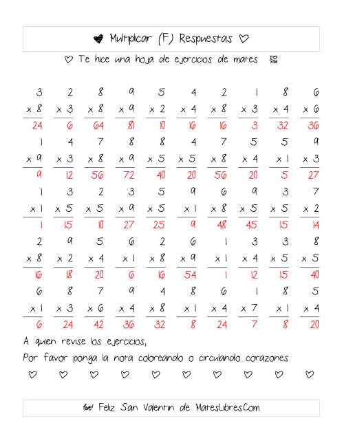 La hoja de ejercicios de Multiplicación de San Valentín (Rango de 1 a 9) (F) Página 2