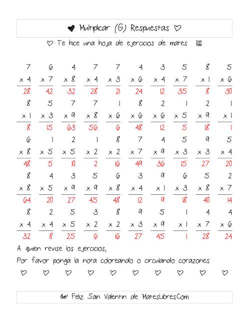 La hoja de ejercicios de Multiplicación de San Valentín (Rango de 1 a 9) (G) Página 2