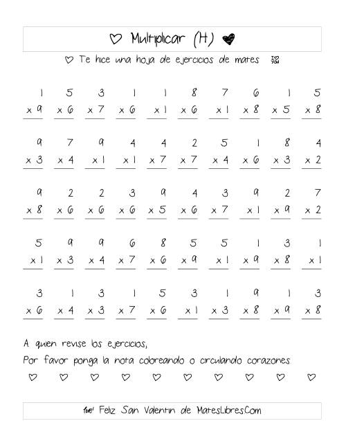 La hoja de ejercicios de Multiplicación de San Valentín (Rango de 1 a 9) (H)
