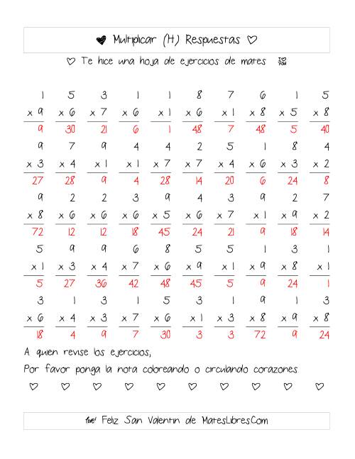 La hoja de ejercicios de Multiplicación de San Valentín (Rango de 1 a 9) (H) Página 2