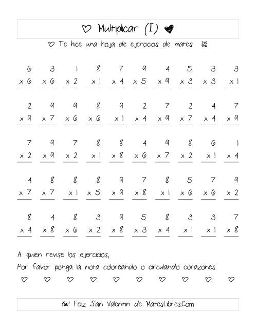 La hoja de ejercicios de Multiplicación de San Valentín (Rango de 1 a 9) (I)