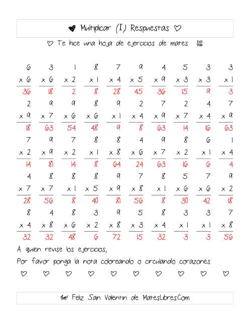 La hoja de ejercicios de Multiplicación de San Valentín (Rango de 1 a 9) (I) Página 2