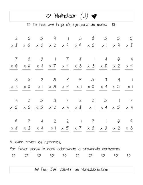 La hoja de ejercicios de Multiplicación de San Valentín (Rango de 1 a 9) (J)