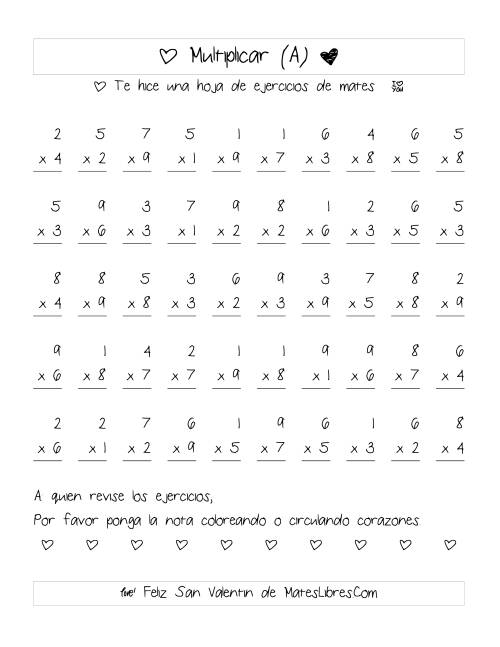 La hoja de ejercicios de Multiplicación de San Valentín (Rango de 1 a 9) (Todas)